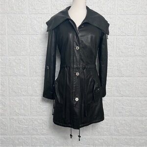 Danier Genuine Leather Coat • Black Leather Trench Jacket • Cinched Waist xxs